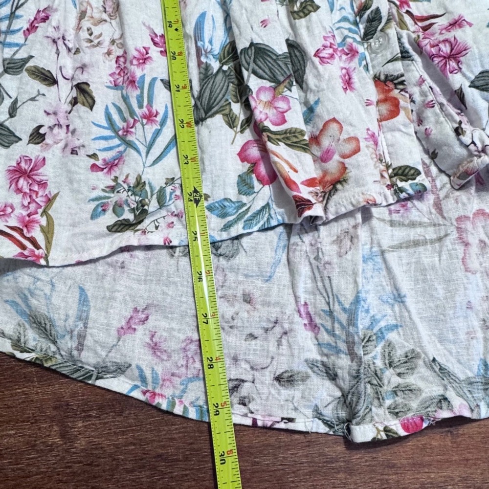 Saint Tropez West Floral Linen Blend Babydoll Top 1X Pink White Roll Tab Sleeve‎ - Picture 6 of 14